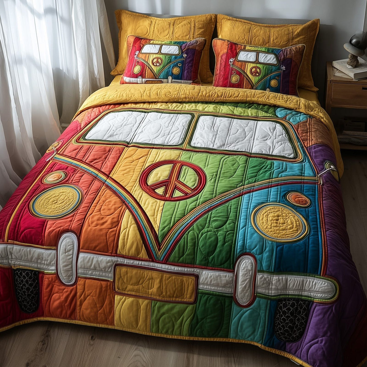 Hippie Van quilted 3-piece bedding set on a made bed with two matching pillow shams