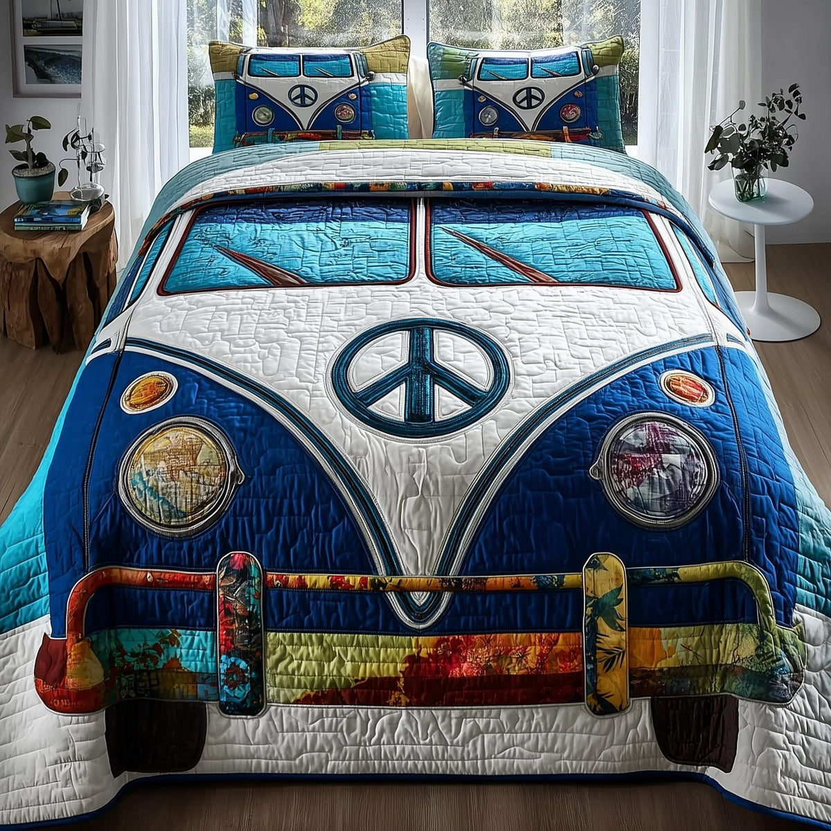 Hippie Van quilted 3-piece bedding set on a made bed with two matching pillow shams