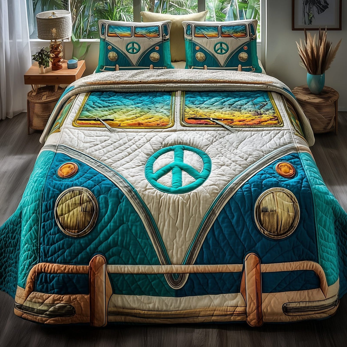 Hippie Van quilted 3-piece bedding set on a made bed with two matching pillow shams