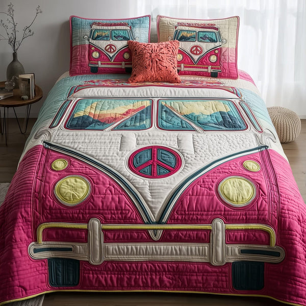 Hippie Van quilted 3-piece bedding set on a made bed with two matching pillow shams