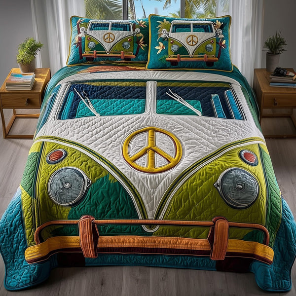 Hippie Van quilted 3-piece bedding set on a made bed with two matching pillow shams
