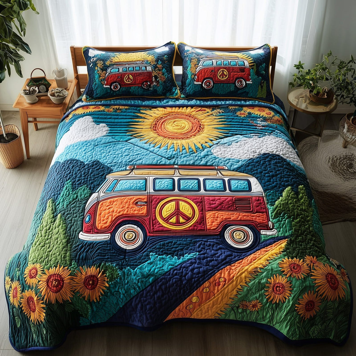 Hippie Van quilted 3-piece bedding set on a made bed with two matching pillow shams