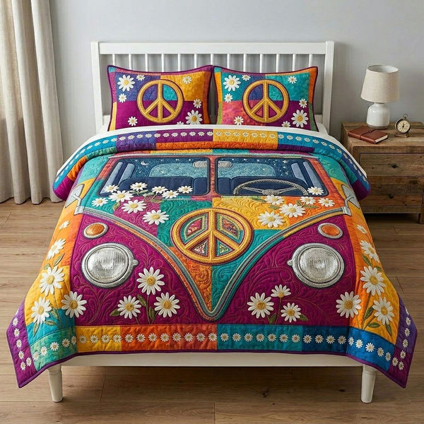 Hippie Van quilted 3-piece bedding set on a made bed with two matching pillow shams