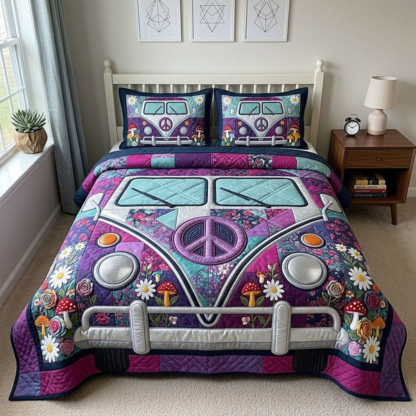 Hippie Van quilted 3-piece bedding set on a made bed with two matching pillow shams