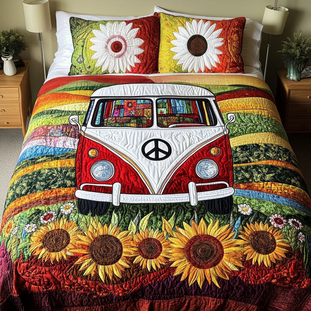 Hippie Wheels quilted 3-piece bedding set on a made bed with two matching pillow shams