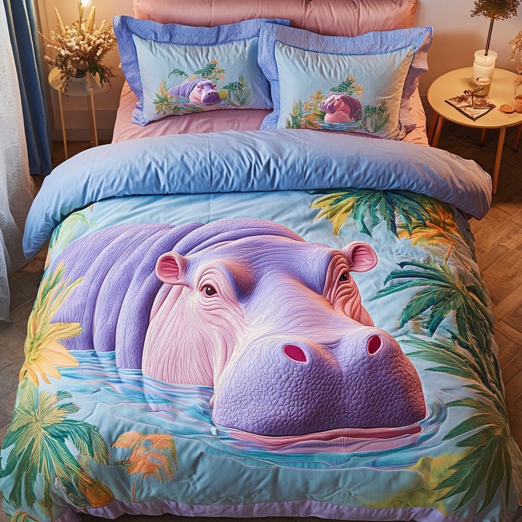 Hippo Hug quilted 3-piece bedding set on a made bed with two matching pillow shams
