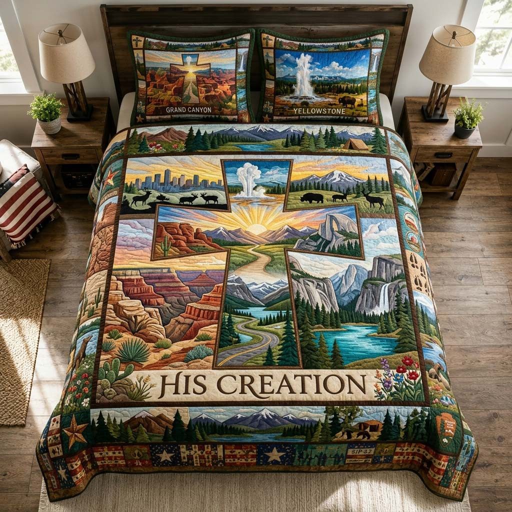 His Creation Scenic quilted 3-piece bedding set on a made bed with two matching pillow shams