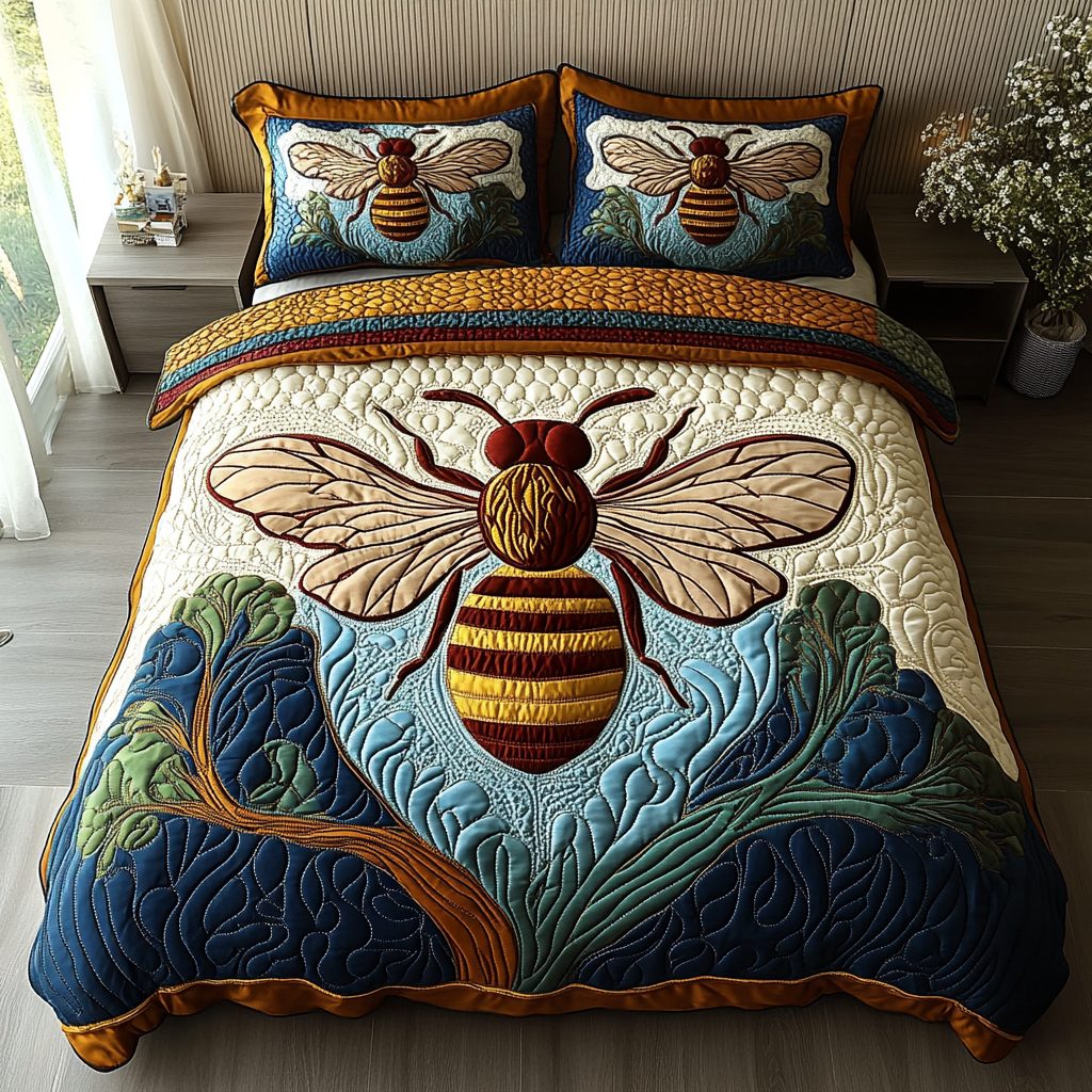 Hive Harmony quilted 3-piece bedding set on a made bed with two matching pillow shams