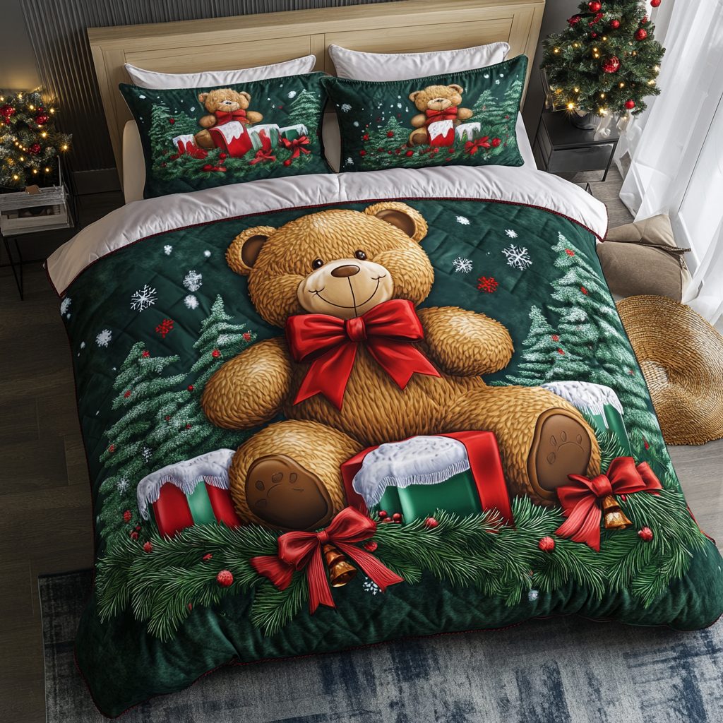Holiday Bear Magic quilted 3-piece bedding set on a made bed in a winter-styled bedroom