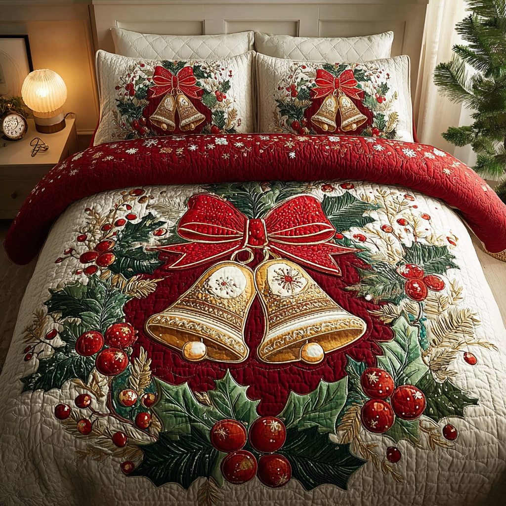 Holiday Bells quilted 3-piece bedding set on a made bed in a winter-styled bedroom