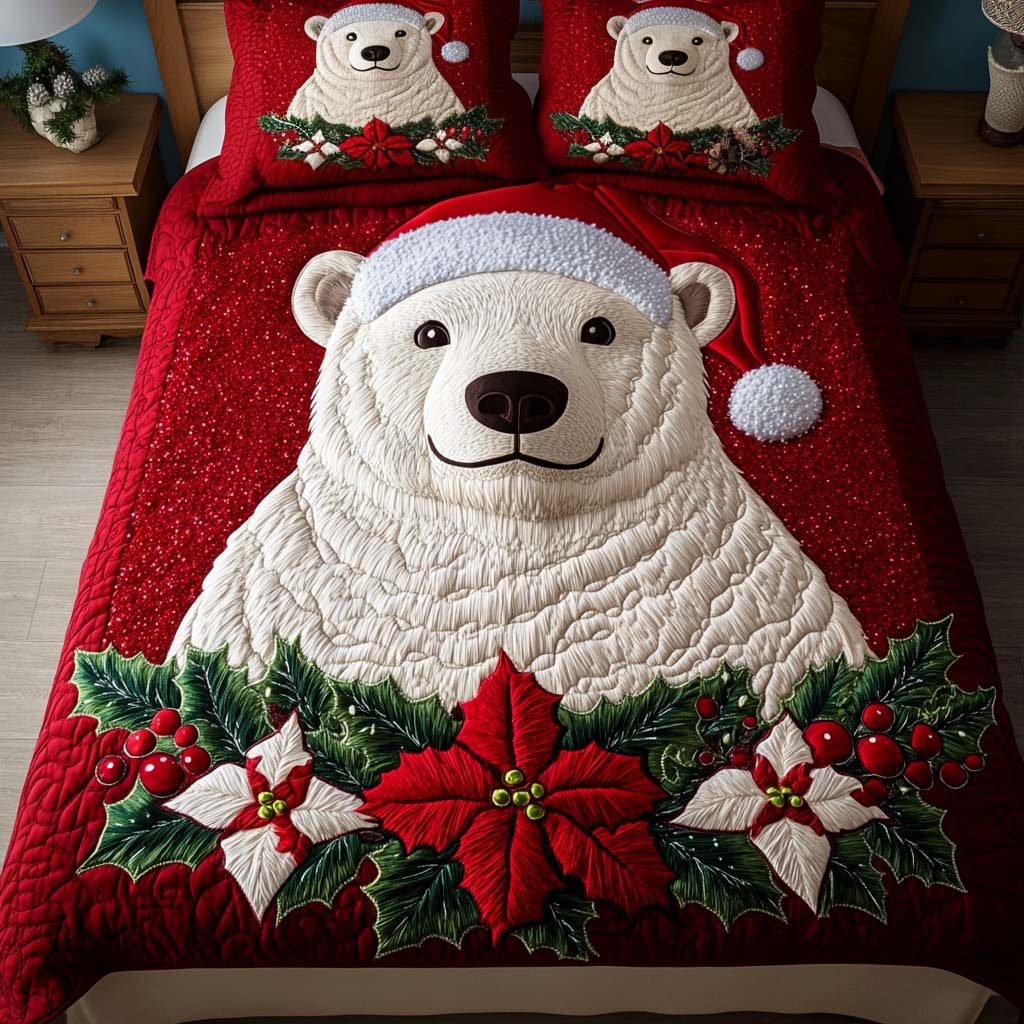 Holiday Bliss quilted 3-piece bedding set on a made bed in a winter-styled bedroom