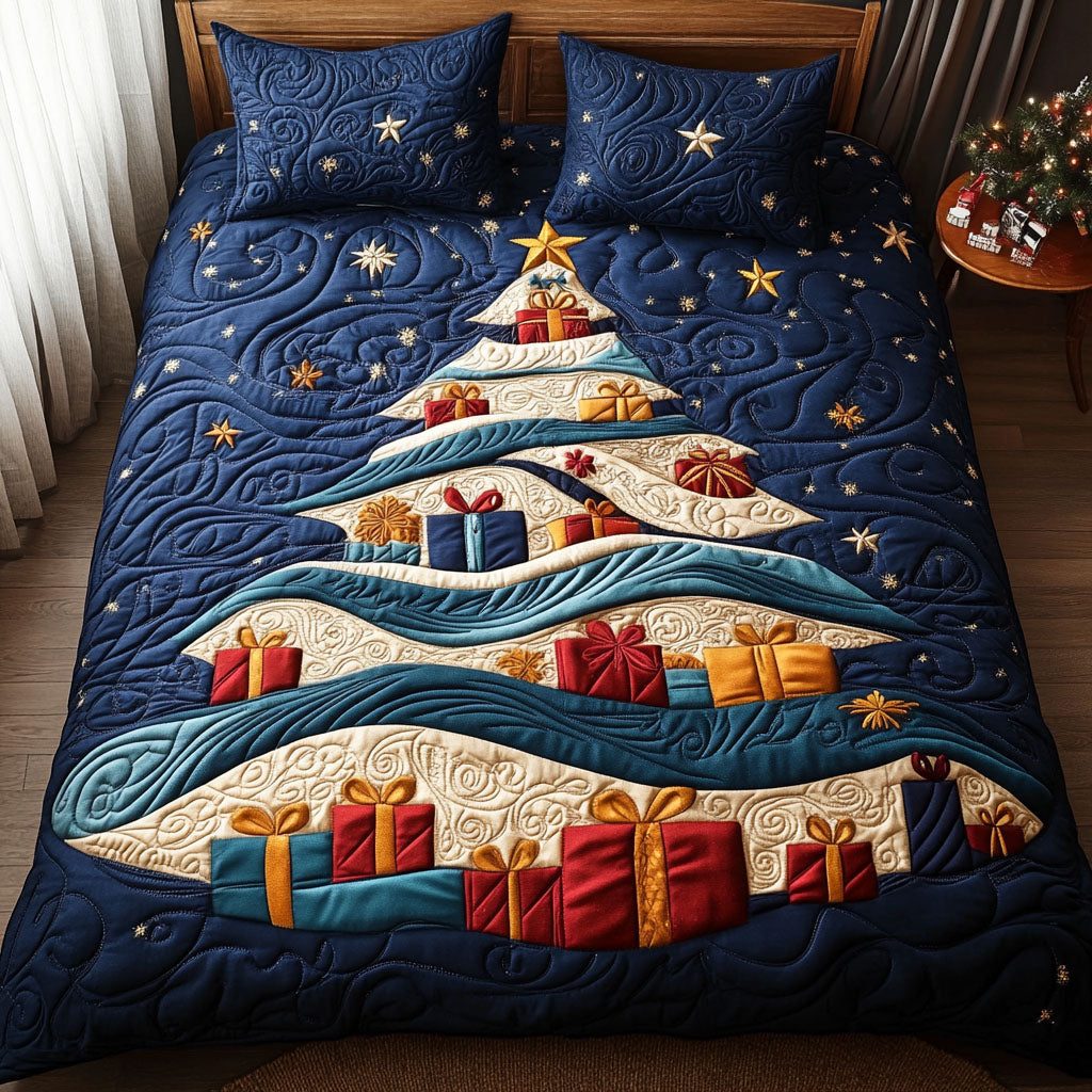 Holiday Branches quilted 3-piece bedding set on a made bed in a winter-styled bedroom