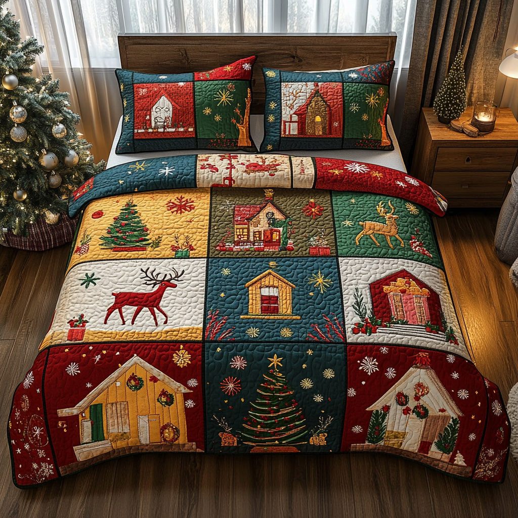 Holiday Cabins quilted 3-piece bedding set on a made bed in a winter-styled bedroom
