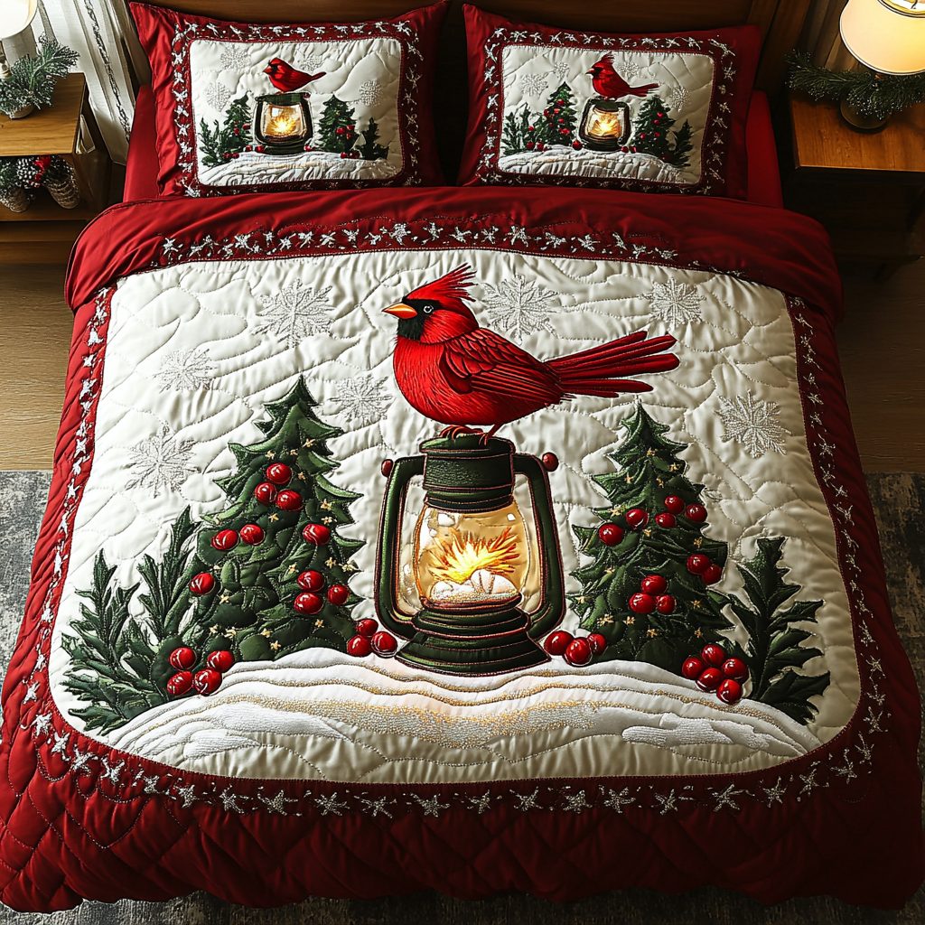 Holiday Cardinal quilted 3-piece bedding set on a made bed in a winter-styled bedroom