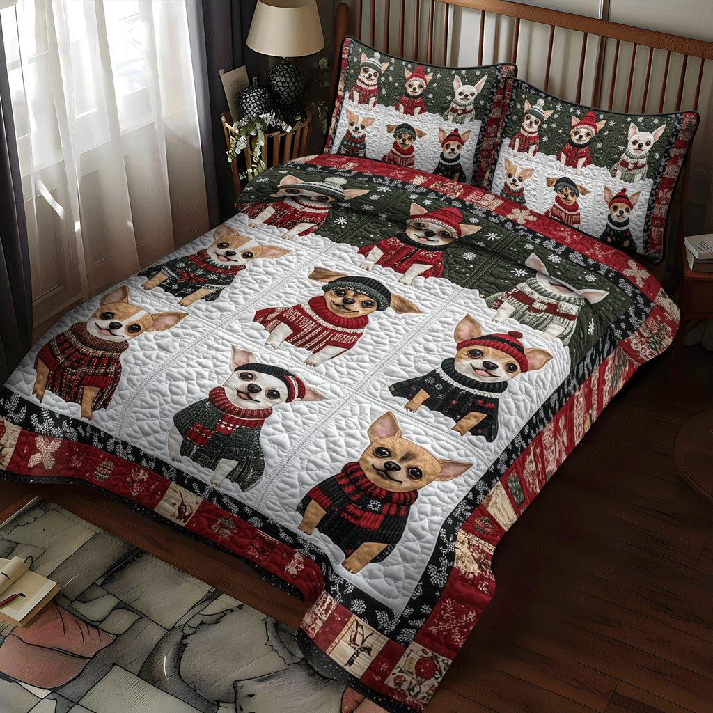 Holiday Chi Delight quilted 3-piece bedding set on a made bed in a winter-styled bedroom