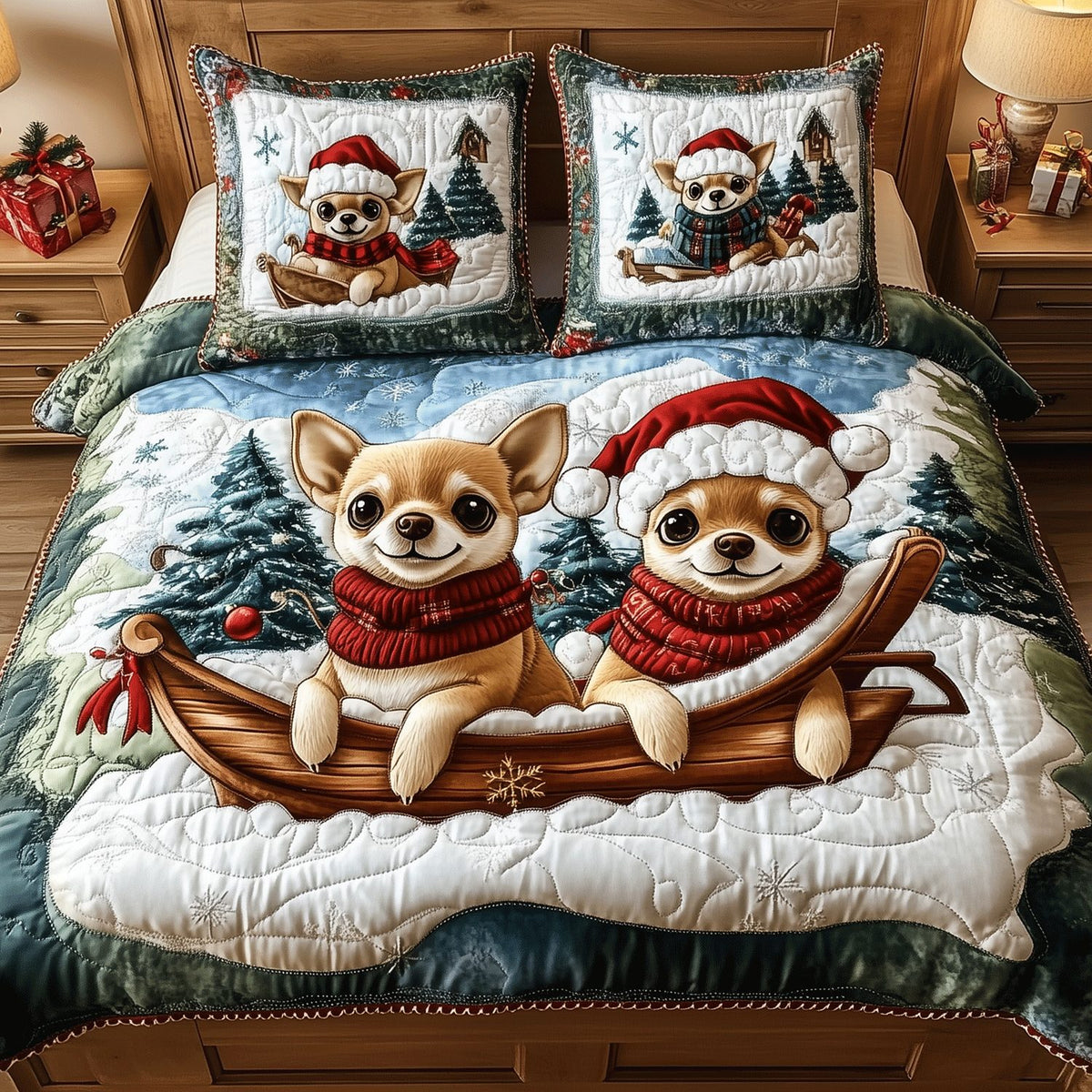 Holiday Chi Paws quilted 3-piece bedding set on a made bed in a winter-styled bedroom