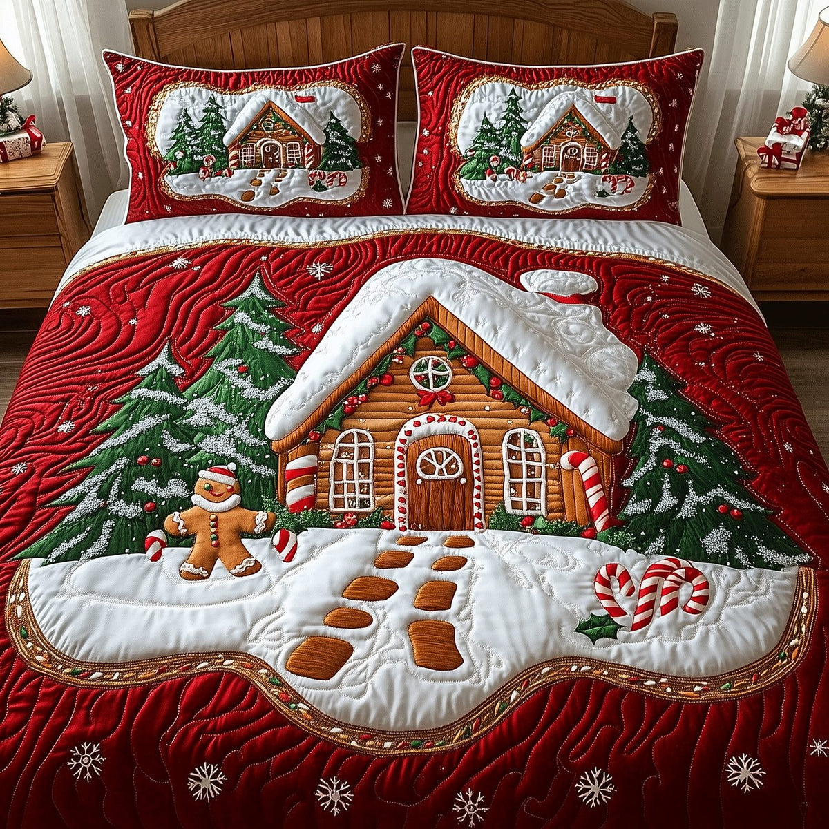 Holiday Cottage Charm quilted 3-piece bedding set on a made bed in a winter-styled bedroom