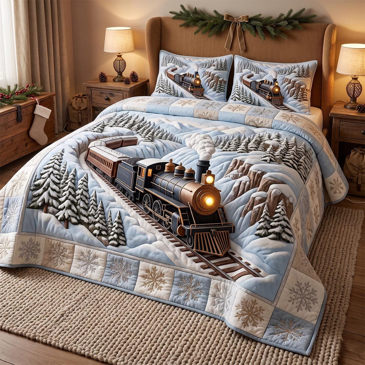 Holiday Express quilted 3-piece bedding set on a made bed in a winter-styled bedroom