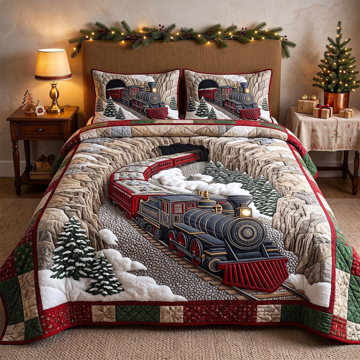 Holiday Express quilted 3-piece bedding set on a made bed in a winter-styled bedroom
