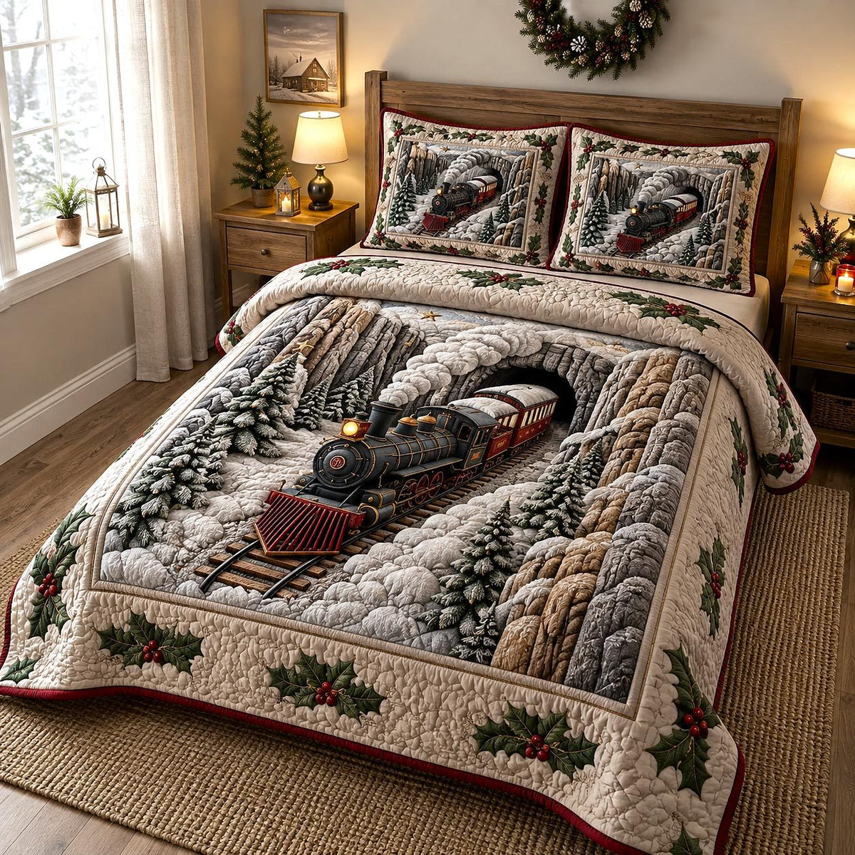Holiday Express quilted 3-piece bedding set on a made bed in a winter-styled bedroom