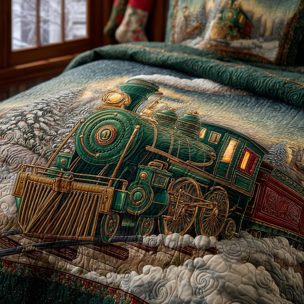 Holiday Express quilted 3-piece bedding set on a made bed in a winter-styled bedroom