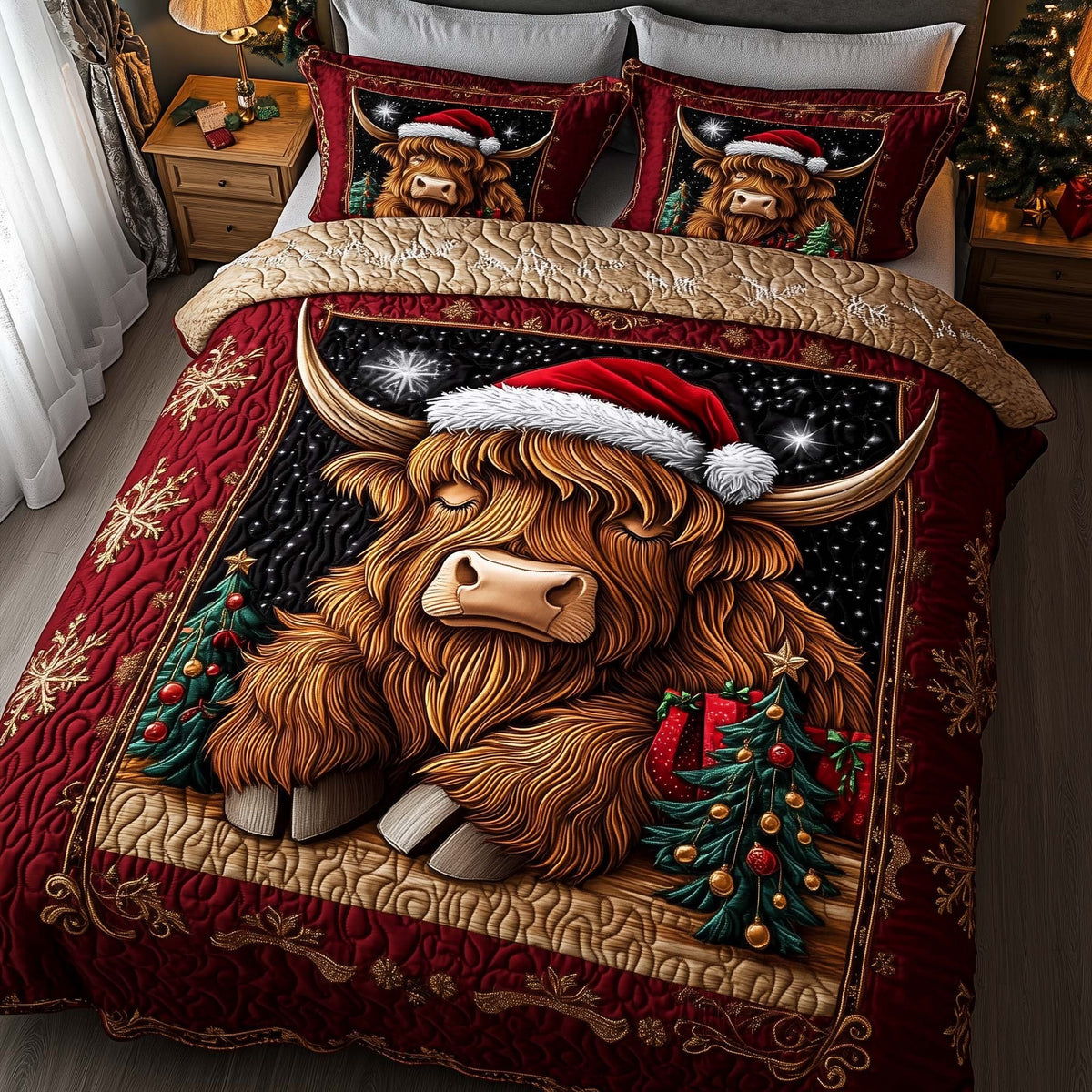 Holiday Farmstead quilted 3-piece bedding set on a made bed in a winter-styled bedroom