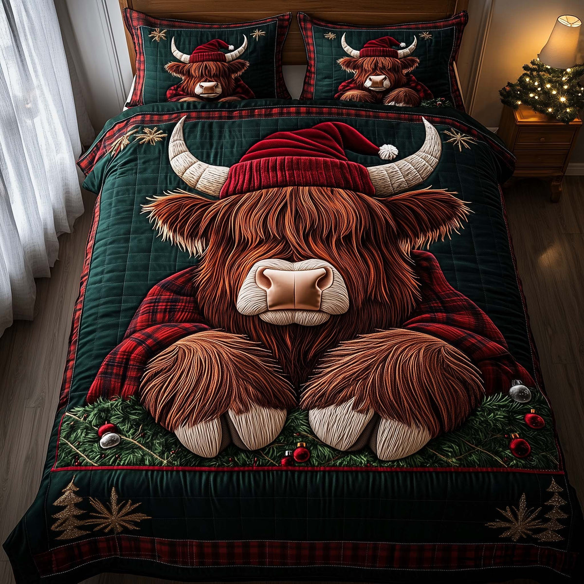 Holiday Farmstead quilted 3-piece bedding set on a made bed in a winter-styled bedroom