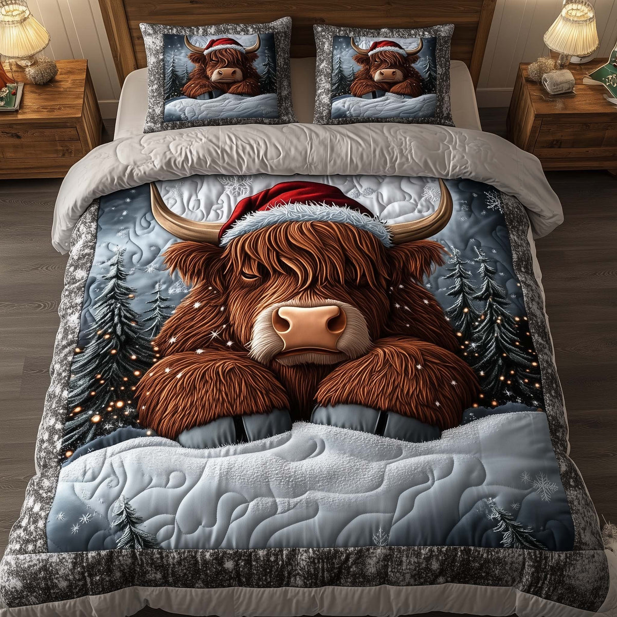 Holiday Farmstead quilted 3-piece bedding set on a made bed in a winter-styled bedroom