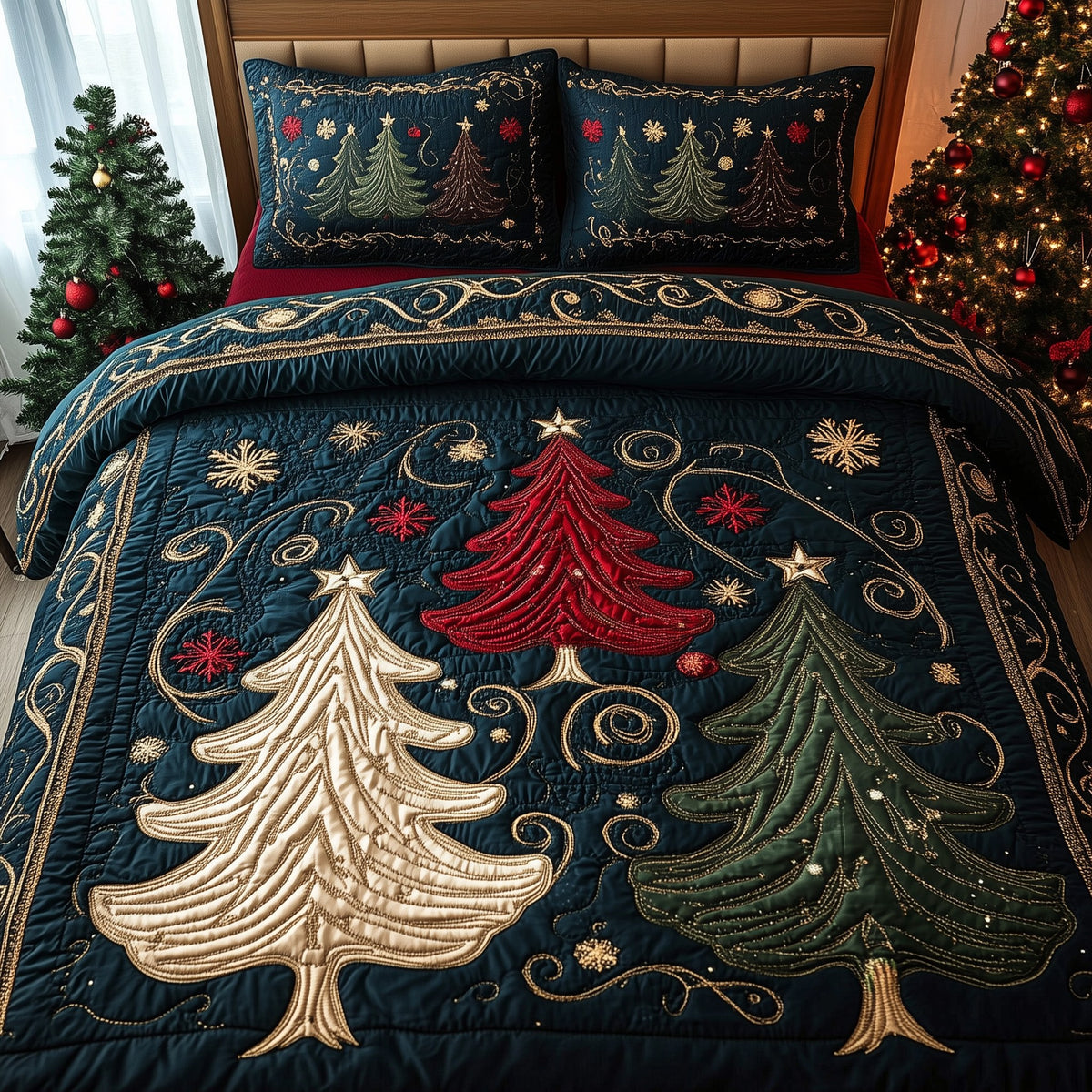 Holiday Forest quilted 3-piece bedding set on a made bed in a winter-styled bedroom