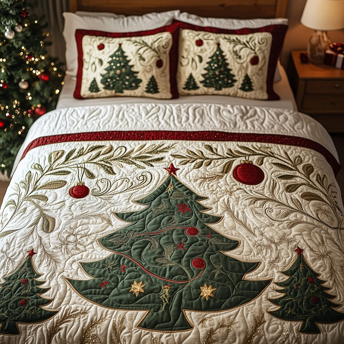 Holiday Forest quilted 3-piece bedding set on a made bed in a winter-styled bedroom