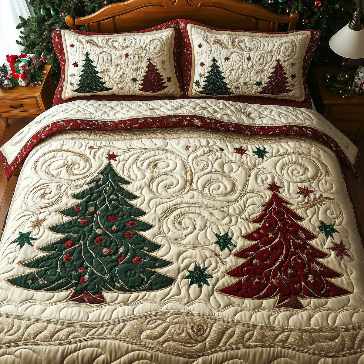 Holiday Forest quilted 3-piece bedding set on a made bed in a winter-styled bedroom