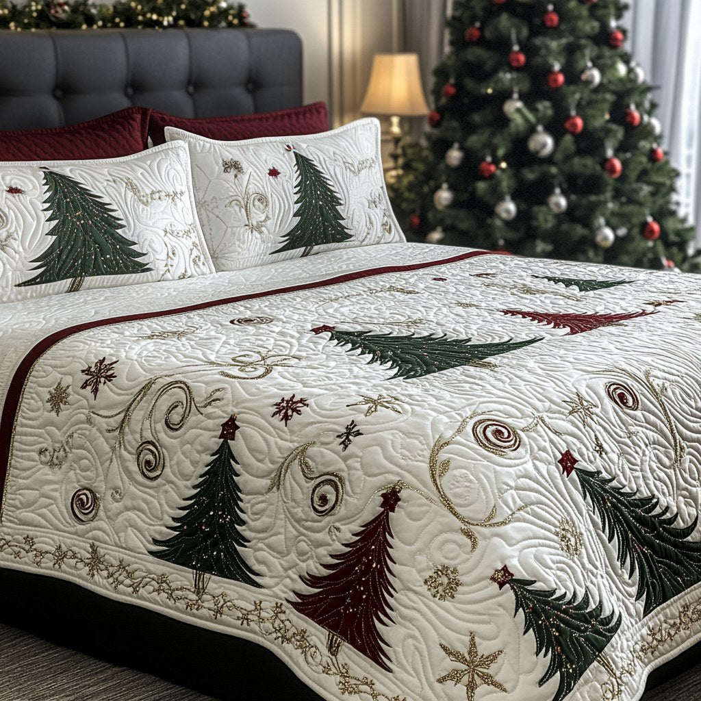 Holiday Forest quilted 3-piece bedding set on a made bed in a winter-styled bedroom