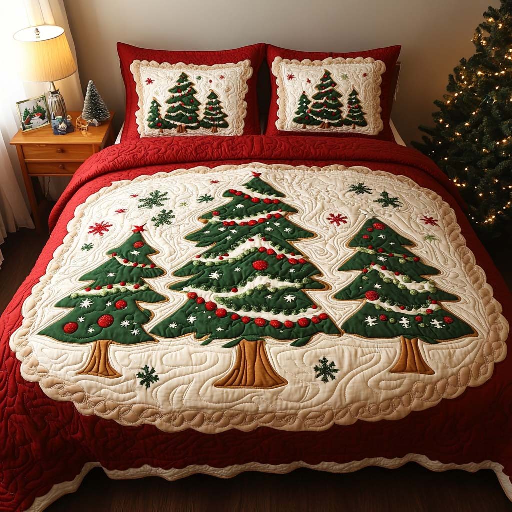 Holiday Forest quilted 3-piece bedding set on a made bed in a winter-styled bedroom