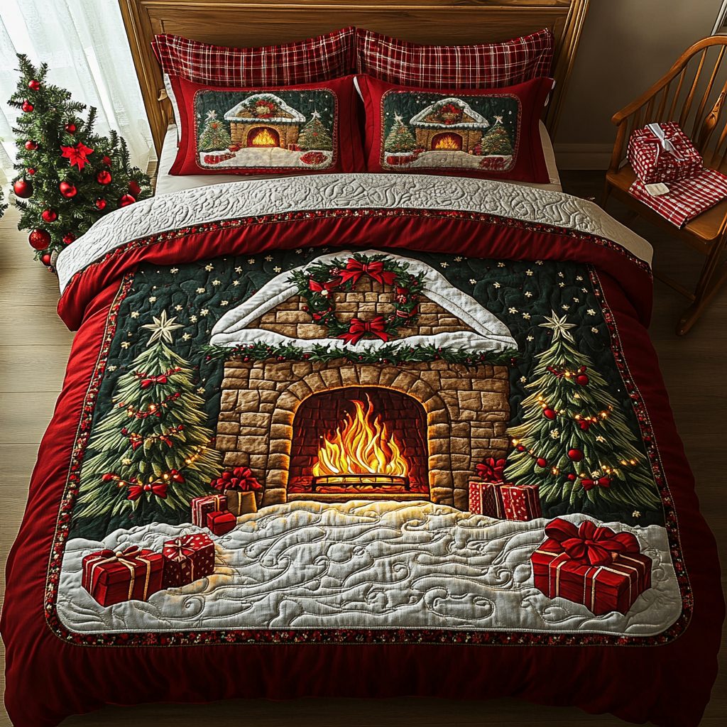 Holiday Glow quilted 3-piece bedding set on a made bed in a winter-styled bedroom
