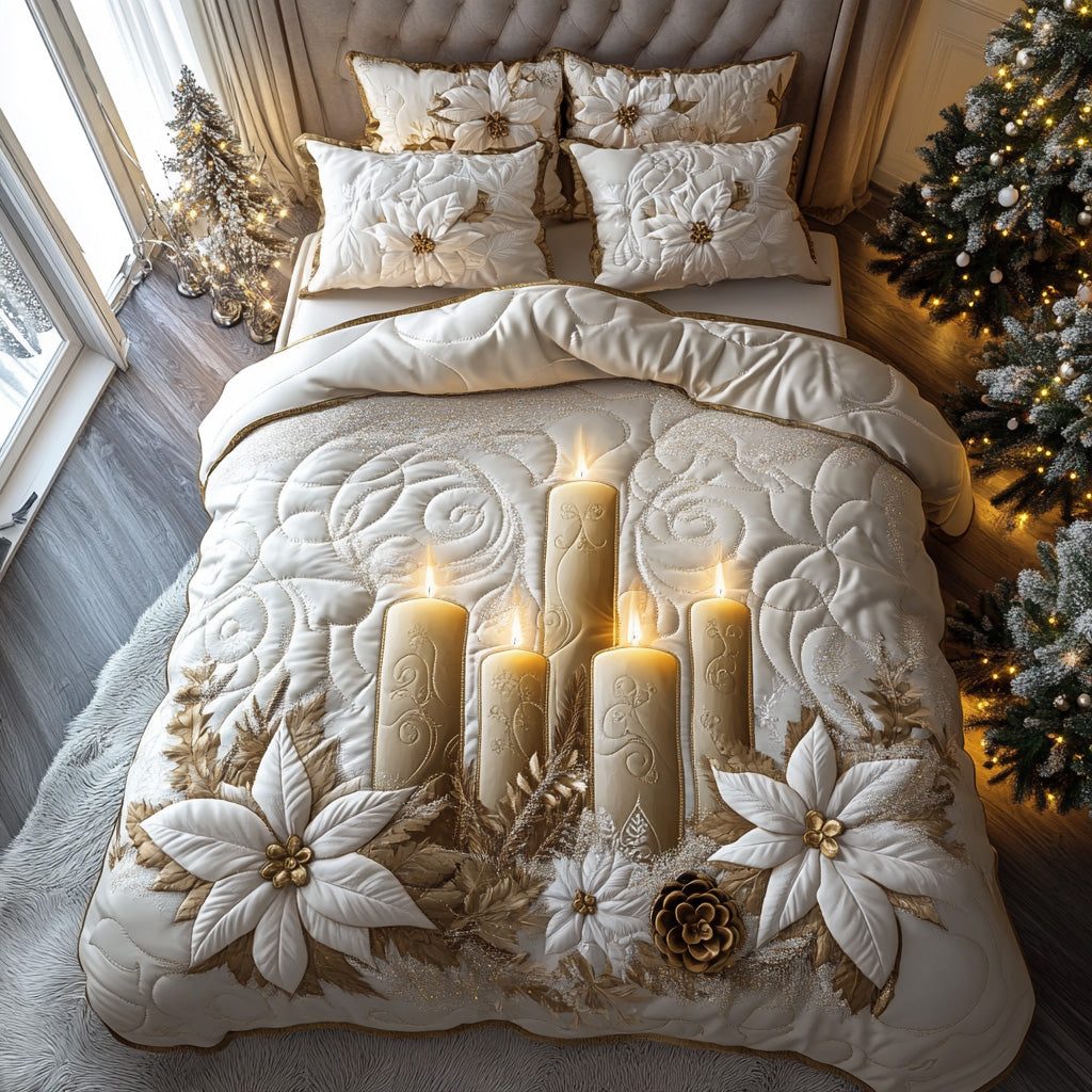 Holiday Glow quilted 3-piece bedding set on a made bed in a winter-styled bedroom