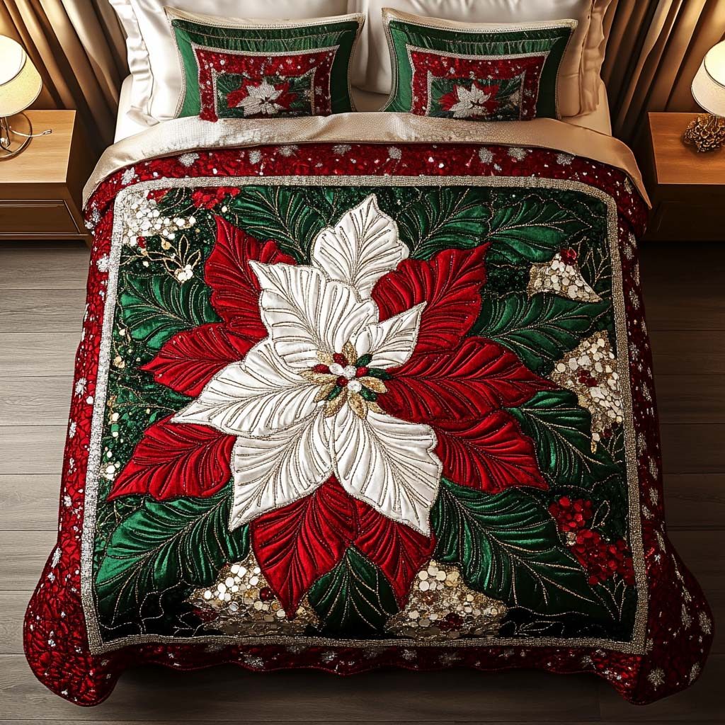 Holiday Glow quilted 3-piece bedding set on a made bed in a winter-styled bedroom