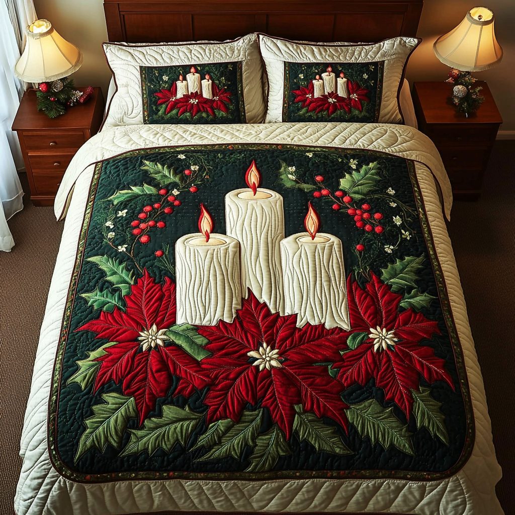 Holiday Glow quilted 3-piece bedding set on a made bed in a winter-styled bedroom
