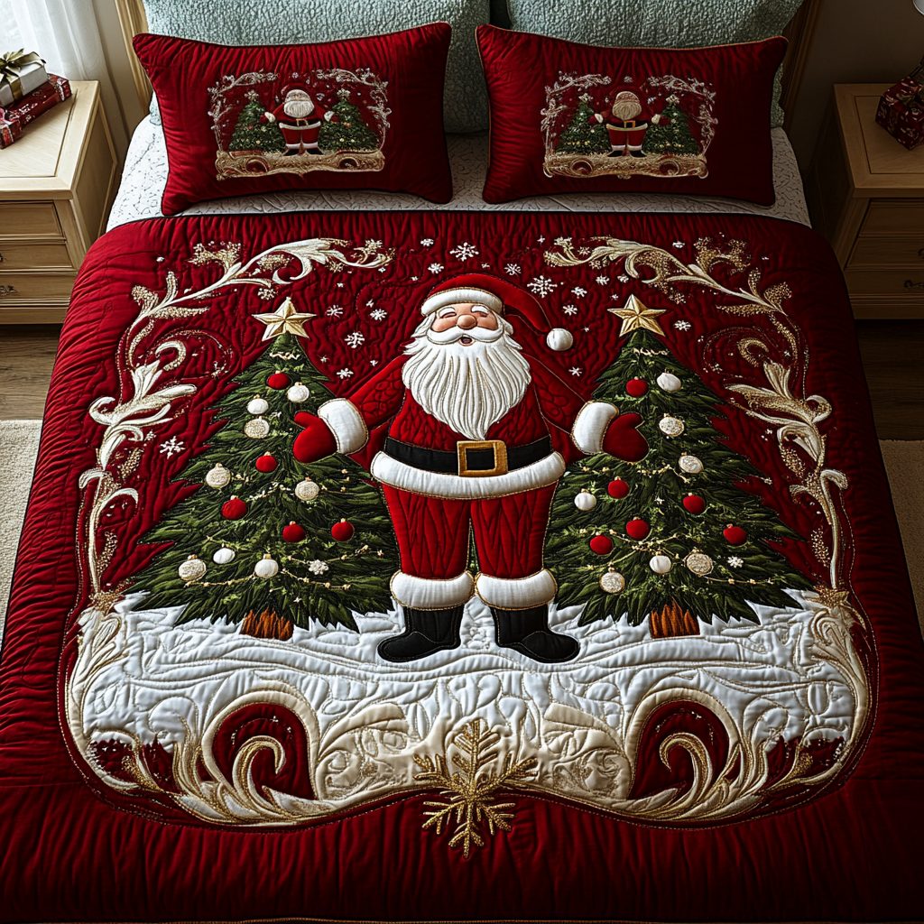 Holiday Glow quilted 3-piece bedding set on a made bed in a winter-styled bedroom