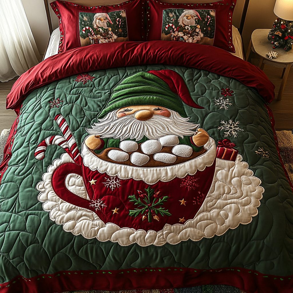 Holiday Gnome Haven quilted 3-piece bedding set on a made bed in a winter-styled bedroom