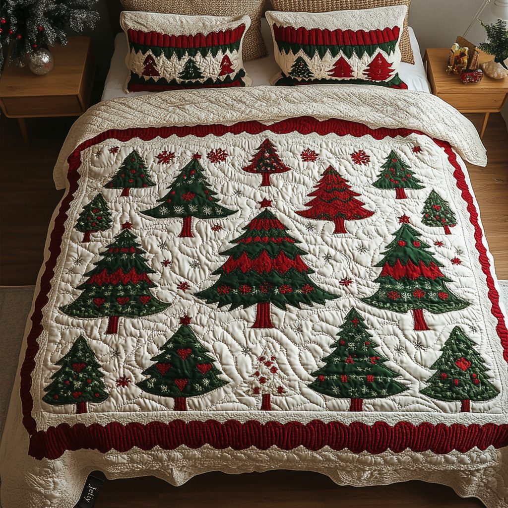 Holiday Grove quilted 3-piece bedding set on a made bed in a winter-styled bedroom