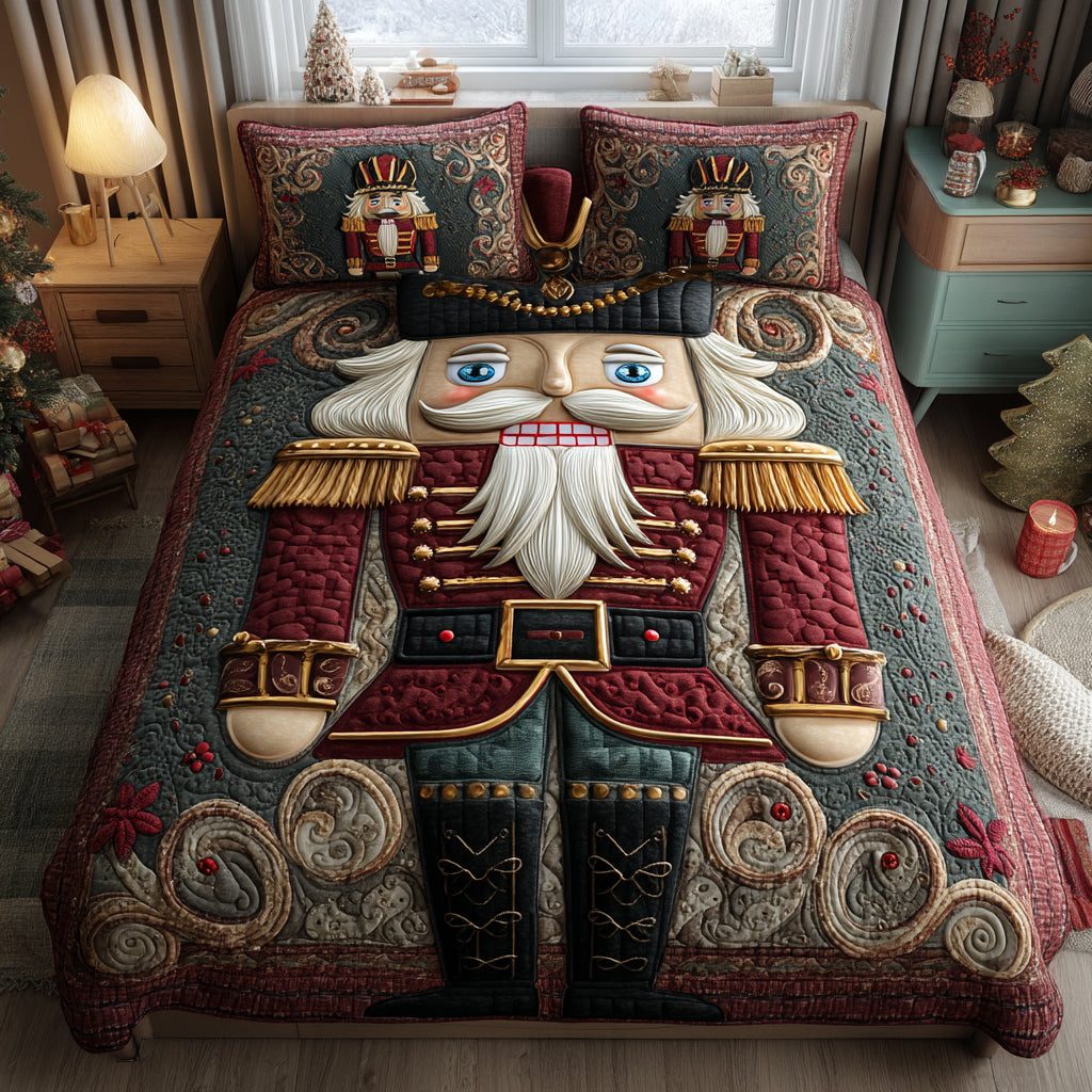 Holiday Guardians quilted 3-piece bedding set on a made bed in a winter-styled bedroom