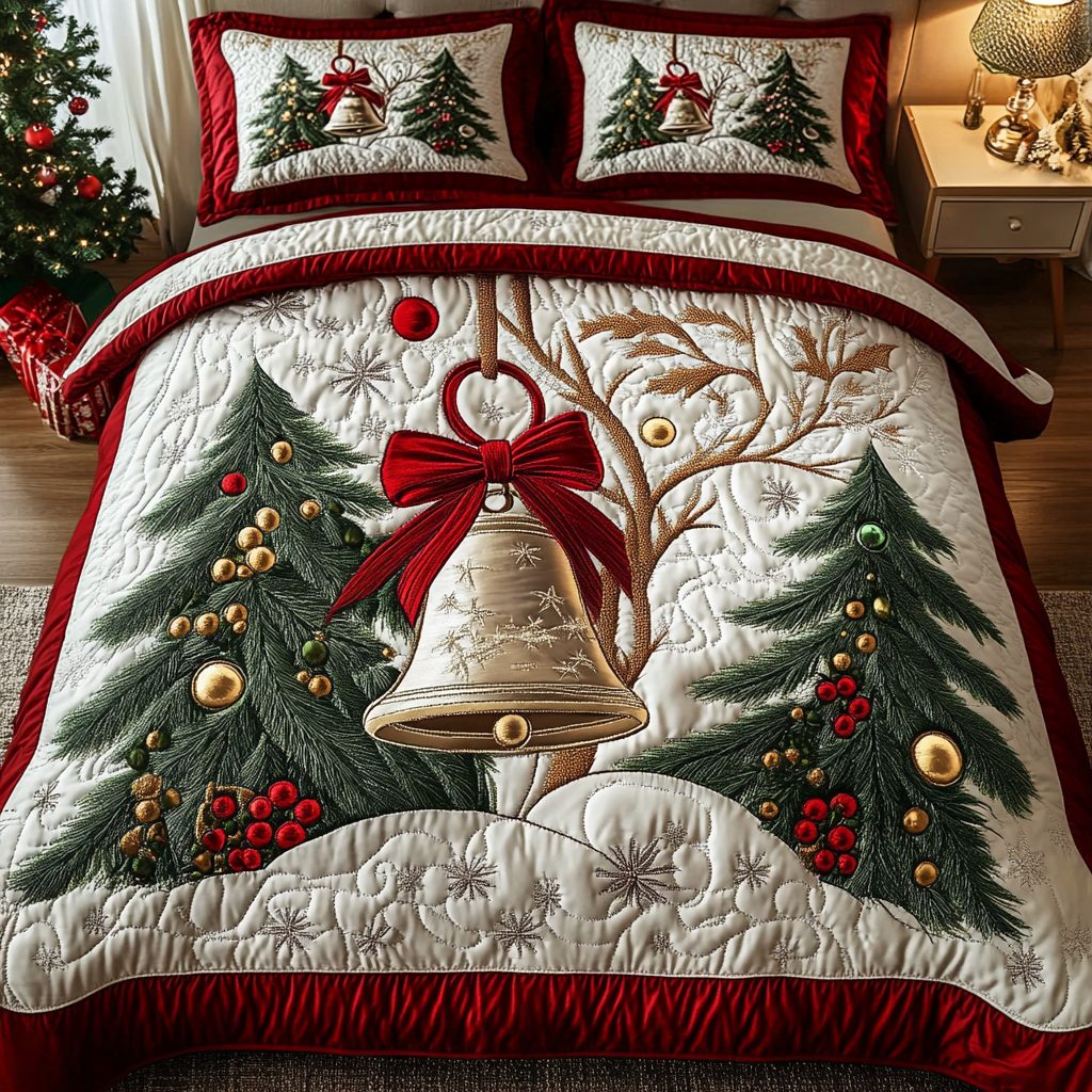 Holiday Harmony quilted 3-piece bedding set on a made bed in a winter-styled bedroom