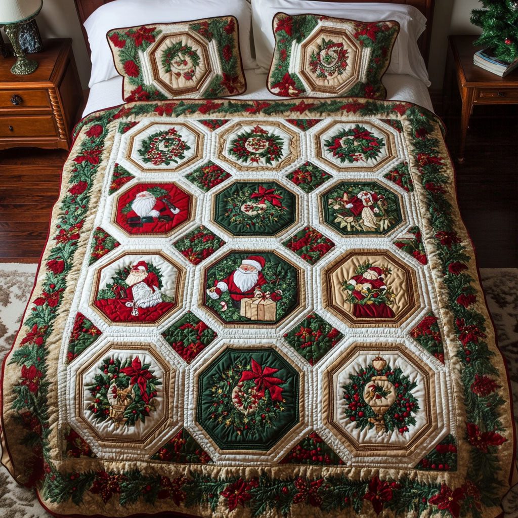 Holiday Harmony quilted 3-piece bedding set on a made bed in a winter-styled bedroom