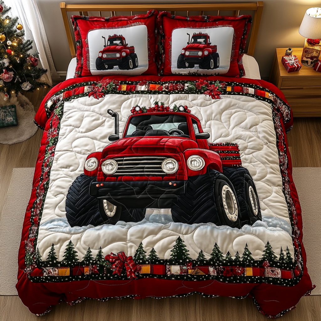 Holiday Hauler quilted 3-piece bedding set on a made bed in a winter-styled bedroom