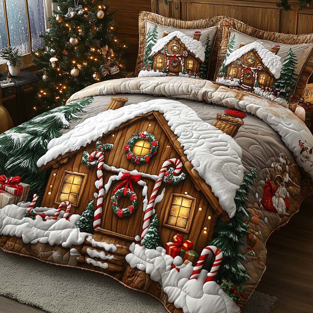 Holiday Hearth quilted 3-piece bedding set on a made bed in a winter-styled bedroom
