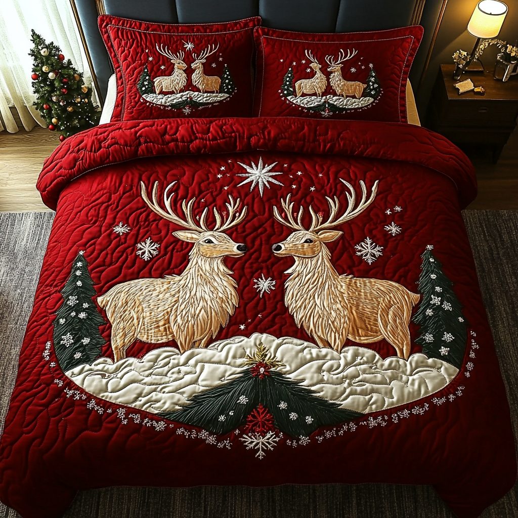 Holiday Herd quilted 3-piece bedding set on a made bed in a winter-styled bedroom