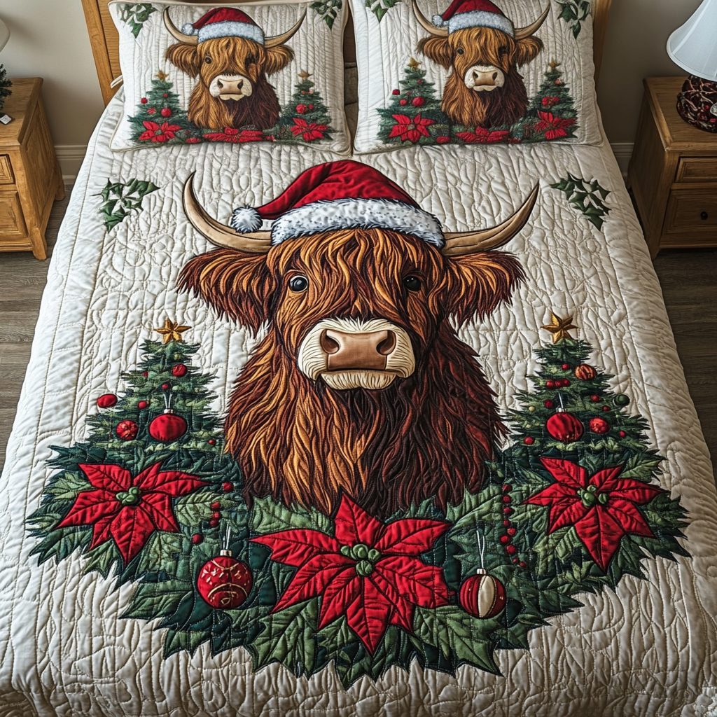 Holiday Herd quilted 3-piece bedding set on a made bed in a winter-styled bedroom