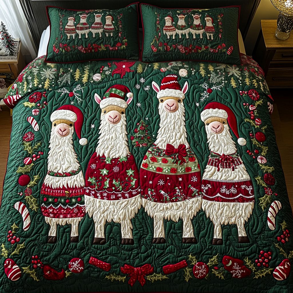 Holiday Herd quilted 3-piece bedding set on a made bed in a winter-styled bedroom