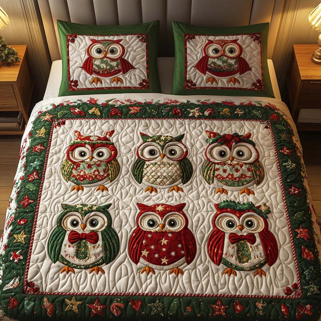 Holiday Hoots quilted 3-piece bedding set on a made bed in a winter-styled bedroom