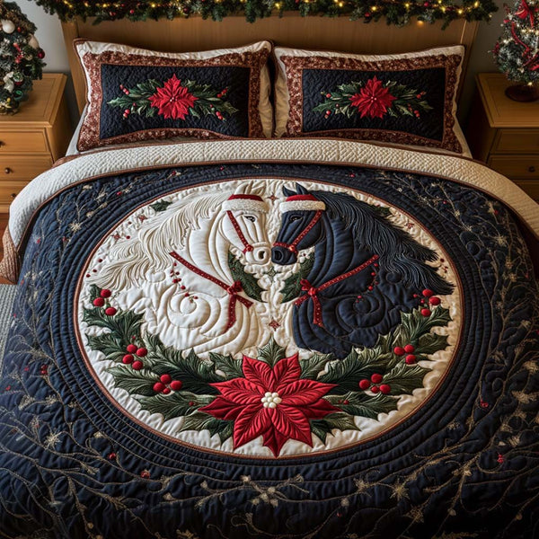 Holiday Horses Duo quilted 3-piece bedding set on a made bed in a winter-styled bedroom